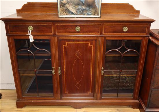 An Edwardian satinwood banded mahogany dwarf bookcase W.154cm